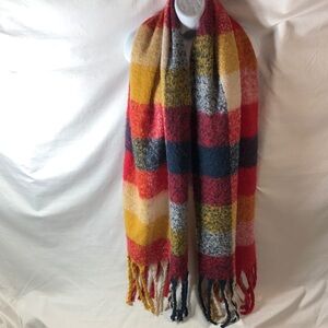 Cozy Plaid Fringe Unisex Blanket Scarf in Red, Mustard & Navy